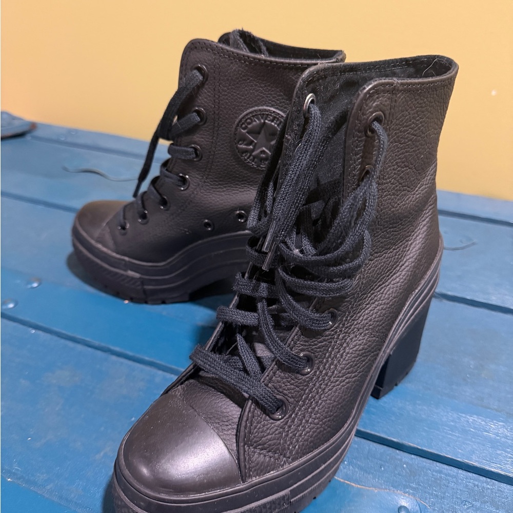 Converse Black Leather Platform Lace-Up Ankle Boots